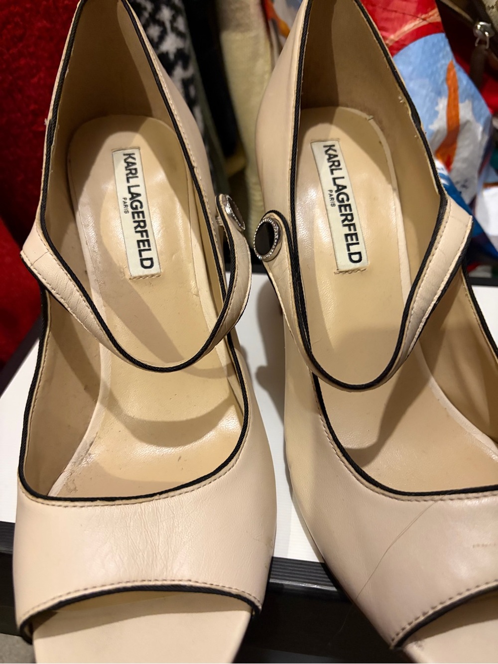 Karl Lagerfeld Cream Peep-Toe Mary Jane Heels with Black Trim